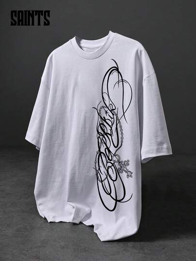 街头暗黑风线条印花短袖T恤，宽松版型，独特设计，男士夏季款