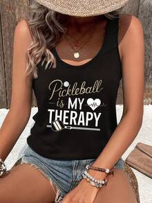 Pickleball Is MY Relax Letter Print Tank Top, Sleeveless Casual Top For Summer & Spring, Women's Clothing Plus Size Women's Sleeveless Tank Top Vibrant Graphic Print Non-See-Through Curve-Friendly Relaxed Fit Wide Anti-Slip Straps Lightweight Breathable All-Season Versatile For Gym Yoga Beach Daily Casual Office Swim Cover-Ups - 黑色 - 查看 1