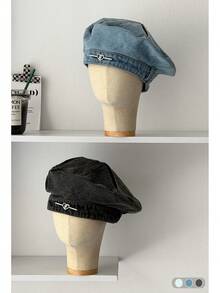 女士心形金属Logo水洗牛仔贝雷帽，Y2K风格百搭小众艺术画家帽，轻便遮阳帽，适合春夏户外活动，街头风贝雷帽 - 彩色 - 查看 6
