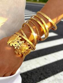 8 peças/7 peças/1 peça Conjunto de Pulseiras Vintage Elegantes de Girassol Esculpidas com Textura de Metal Martelado, Ajustáveis, Uso Simples e Multicamadas, Adequado para Mulheres, Festa de Praia de Verão, Festival de Música, Presente de Encontro, Joias para Uso Diário - Ouro amarelo - Visão 9