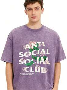 2026 Summer Tops1pc Retro Water Washed T Shirts, Artistic Graphic Featuring A Blooming Rose Intertwined With Bold Anti Social Club Text Symbolizing Contrast Between Beauty And Isolation Vintage 100% 230g Pure Cotton Casual Tee For Men,Street Y2K, Summer Tops, New Year Gifts,UnisexLoose And Comfortableshirt - 紫羅蘭色 - 查看 11