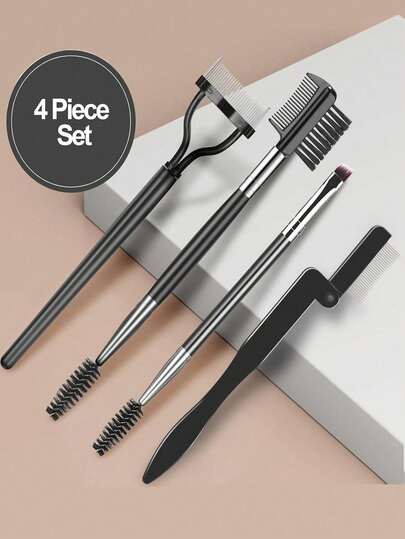 4pcs Eyelash Tools Set, Including Eyelash Comb, Eyelash Separator, Eyebrow Brush And Eyelash Curler, Black Curved Design Eyelash Comb Separator Eyeshadow Brush, Professional Eye Makeup Tools, Ideal For Women Christmas, New Year And Birthday Gifts