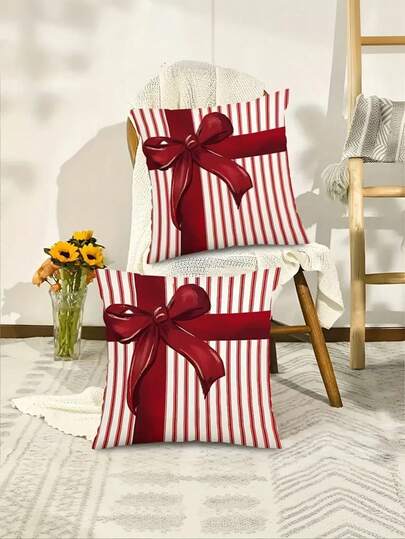 1/2/4Pcs Modern Striped Gift Box Red Bow Pillow Cover,17.7x17.7Inches,Zipper Closure, Machine Washable, Suitable For Holiday Decorations In Various Room Types, Perfect For Sofas, Bedrooms And Holiday Decor, Pillow Inserts Not Included