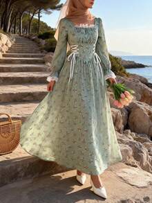 Elegant Apricot A-Line Cinched Waist Flare Sleeve Dress Maxi Satin Women Outfit Fall Cloth For Women, Spring /Summer - Multicolor - View 3