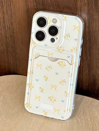 Bow-Knot 1pc Classic Transparent Yellow Bow & Floral Pattern Anti-Drop Phone Case, Compatible With Apple 17 Pro Max/16 Pro Max/13/15/16/15 Pro Max/17 Pro/14/11, Fashionable Transparent Yellow Bow & Floral Pattern Card Holder Phone Case