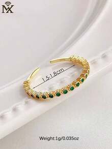 SYMFNY 1pc Minimalist 925 Sterling Silver Round Emerald Green Cubic Zirconia Adjustable Open Ring, Suitable For Women's Daily Wear - Yellow Gold - View 5