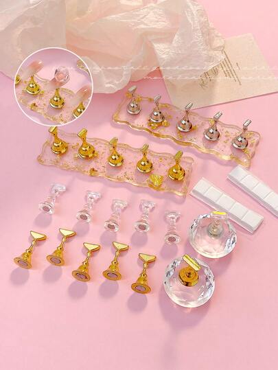 Resin Gold Foil Wavy Transparent Diamond-Shaped Nail Art Practice Holder Set, Korean Style Holographic Iridescent Nail Art Practice Display Stand, Nail Sticker Showcase Photography Props Accessories