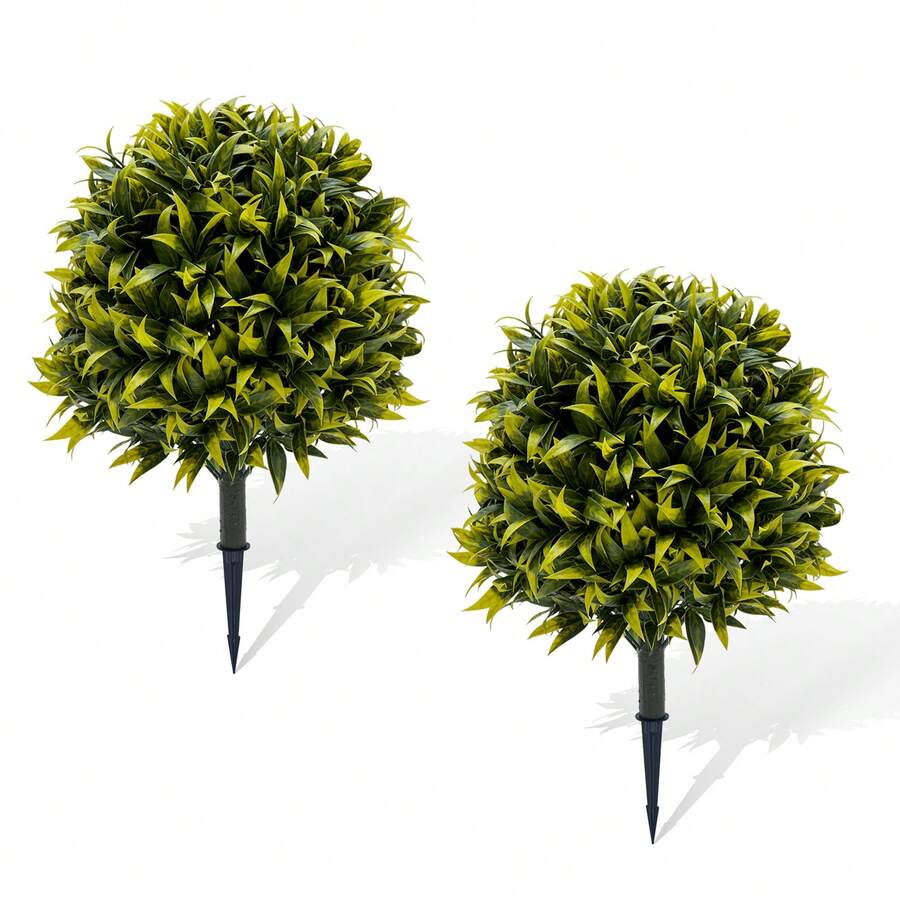 Hodeffior Juego de 2 bolas topiarias artificiales de boj de 65 cm con hojas de sauce. Plantas artificiales resistentes a los rayos UV con estaca para el suelo. Decoración para jardín, patio y puerta de entrada (interior y exterior). - Verde - Ver 1