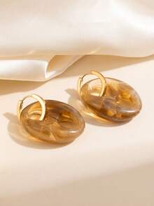 1 Pair Exquisite And Versatile Double Hole Elliptical Earrings With Gold Plated Earrings+Blue Pattern Resin+Fresh Texture Women's Daily Wear Earrings - Gold - View 9