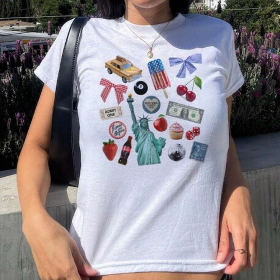 American Icon Sticker Collage Crew Neck T-Shirts Cropped Fit Short Sleeve Y2k - White - View 1
