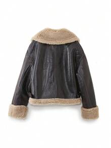 BE 2026 New Short Warm Double-Sided Motorcycle Jacket, Women's Brown Faux Leather Shearling Collar Coat, Fur-Lined PU Leather Jacket - 棕色 - 查看 9