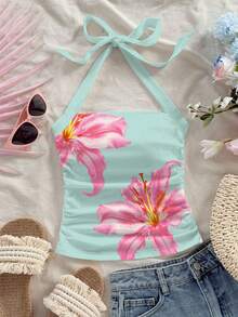 女士系带吊带背心，花卉印花百合结露背荷叶边沙滩度假休闲款 - 薄荷綠 - 查看 4
