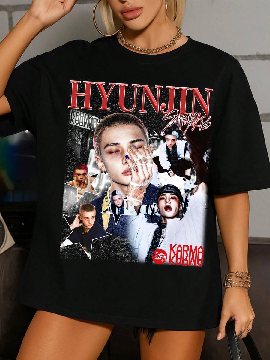 Retro StraySkidss T-Shirt, StraySkidss Karma Album Shirt, StraySkidss Zeremonie Shirt, StraySkidss DominATE SKZOO World Tour 2025 Tee - 黑色 - 查看 1