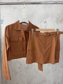 Casual Linen Shirt And Skort Set | With Belt And Pockets | Breathable Fabric - 棕色 - 查看 10