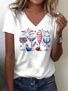 Women's Patriotic American Flag V-Neck T-Shirt - July 4th Fireworks And Stars Glasses Print, Soft And Breathable Casual Top, Suitable For Daily Wear, Independence Day Celebration, Machine Washable Gift For Friends And Family, Festive Celebration Shirt, Comfortable Fit - 白色 - 查看 4