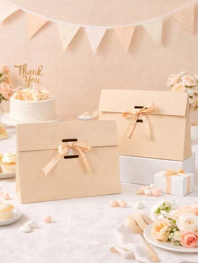 4个装浅棕色婚礼礼品蝴蝶结礼盒，优雅纸质礼品包装盒，适用于婚礼回礼、感谢礼品袋、宾客婚礼礼物、餐桌装饰、迎婴派对装饰、生日派对礼品包装盒、婚礼派对餐桌装饰用品、仪式宴会装饰、新娘送礼会装饰、派对用品、毕业典礼等。