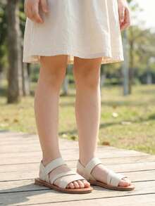 1 đôi dép xăng đan đế bằng mùa hè cho trẻ em, quai thun, mũi tròn hở, phối màu, kiểu dáng tối giản, đa năng, phù hợp cho bãi biển, kỳ nghỉ và sử dụng hàng ngày. - Màu be - Xem 4