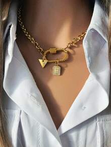 1 chiếc dây chuyền vàng tối giản thời trang dành cho nữ, có mặt dây chuyền hình oval xoắn, hình tam giác và hình chữ cái, thích hợp để đeo hàng ngày hoặc trong các dịp lễ hội. - Vàng - Xem 13