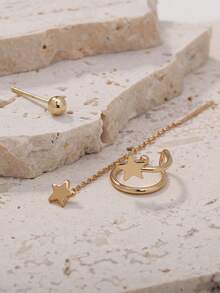 Nooxian 1 Set de Aretes con Cadena de Estrella Dorada + Brazalete de Estrella + Aretes de Bola Dorada de 3 piezas, Diseño de Nicho con Aretes Superpuestos, Estilo Dulce y Fresco, Combinación Versátil de Accesorios - Amarillo Oro - Ver 4