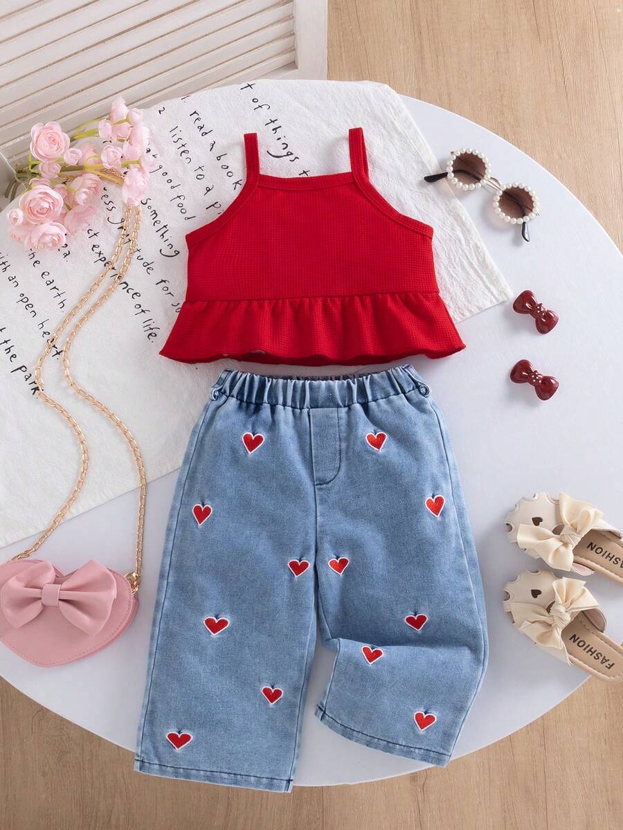 2pcs Baby Girls Summer Fashion Waffle Camisole Top & Heart Embroidered Pants Set, Versatile For Daily, Vacation, Commute, School, Outdoor - Red - View 1