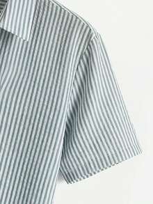 Áo sơ mi nam tay ngắn kẻ sọc họa tiết đồng xu cổ điển FEIAO, kiểu dáng thường ngày đa năng phù hợp cho mọi mùa. - xanh xám - Xem 7