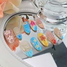 Summer Flower Press On Nails Medium French Tip Fake Nails 3D Pearl Flower Acrylic Nails Tropical Flowers Ocean Style Handmade False Nails Almond Glue On Nail Spring Summer Artificial Nail 30Pcs - Màu A - Xem 3