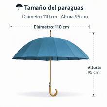 Paragua Clasica Grande Largo  Automatico Antiviento Tamaño para mujer y hombre, Impermeable, Mango Curvo, Resistente al Viento. Ideal para los dias de Lluvia.Paragua grande con mango de madera - Liso Azul - antiviento 16 varillas - Ver 2