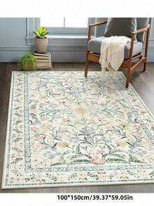 1件波西米亚现代巴黎花园花卉地毯，适用于客厅；防滑锈红色印花复古农舍地毯，适用于卧室、餐厅、宿舍、办公室、家居装饰 - 橄欖綠 - 查看 5