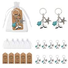 15 Pcs Faux Turquoise Keychain Set Turtle Mermaid Tail Starfish 5 Keychains 5 Mesh Bags 5 Paper Cards - Multicolor - View 2