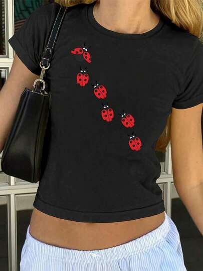 Áo thun nữ mùa hè kiểu Y2K in hình bọ rùa, chữ cái, dáng ôm, cổ tròn, tay ngắn, đơn giản, thường ngày, màu đen dễ thương.