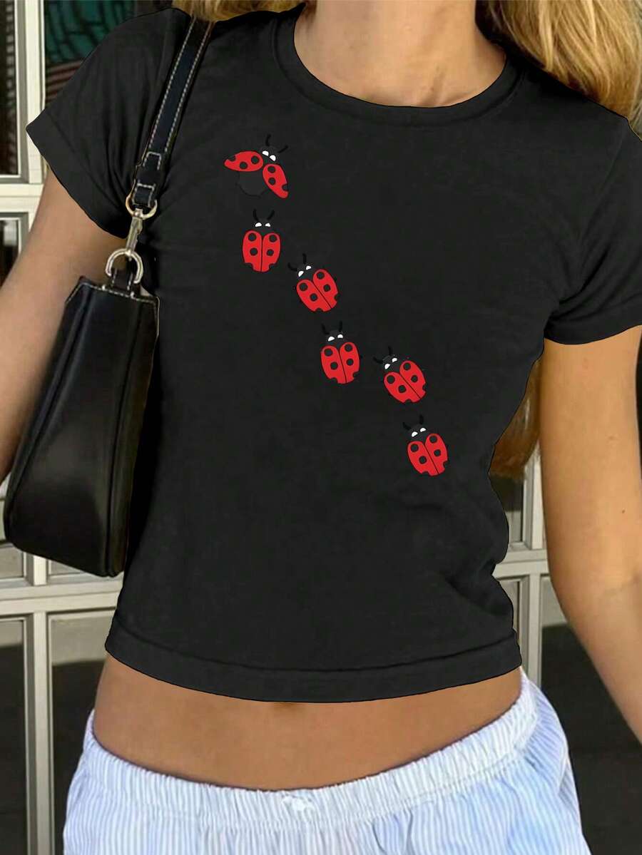 Áo thun nữ mùa hè kiểu Y2K in hình bọ rùa, chữ cái, dáng ôm, cổ tròn, tay ngắn, đơn giản, thường ngày, màu đen dễ thương. - màu đen - Xem 1