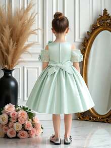 Young Girls' Round Neck Shoulder Cutout 3D Floral Trim Satin Elegant Piano Recital Formal Dress, Suitable For Weddings, Birthdays, Parties, Formal Occasions, Celebrations, Does Not Include Headband - Mint Green - View 5