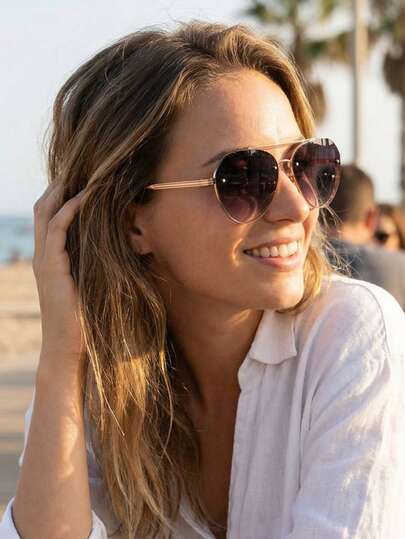 女士金属双梁全框飞行员眼镜，性感休闲时尚眼镜，适合日常通勤、服装搭配、摄影、户外度假等场合。