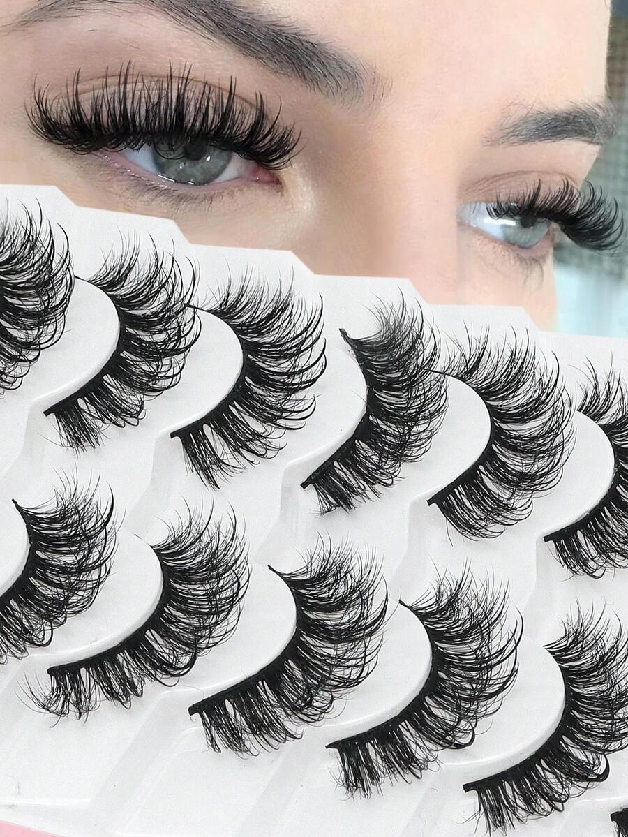 7对仿貂毛假睫毛，5D蓬松凌乱卷翘，动漫湿润睫毛嫁接，美妆时尚长浓密自然卷翘湿润假睫毛，返校必备化妆工具 - 濃密款 - 查看 1