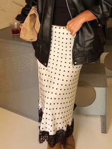 Women's Lace Trim Satin Silk Polka Dots Midi Skirt Y2K Elegant Flowy A Line Long Skirt Vintage Side Zipper Bodycon Pencil Maxi Skirts Going Out Beach Vacation Skirt Streetwear - 白色 - 查看 1