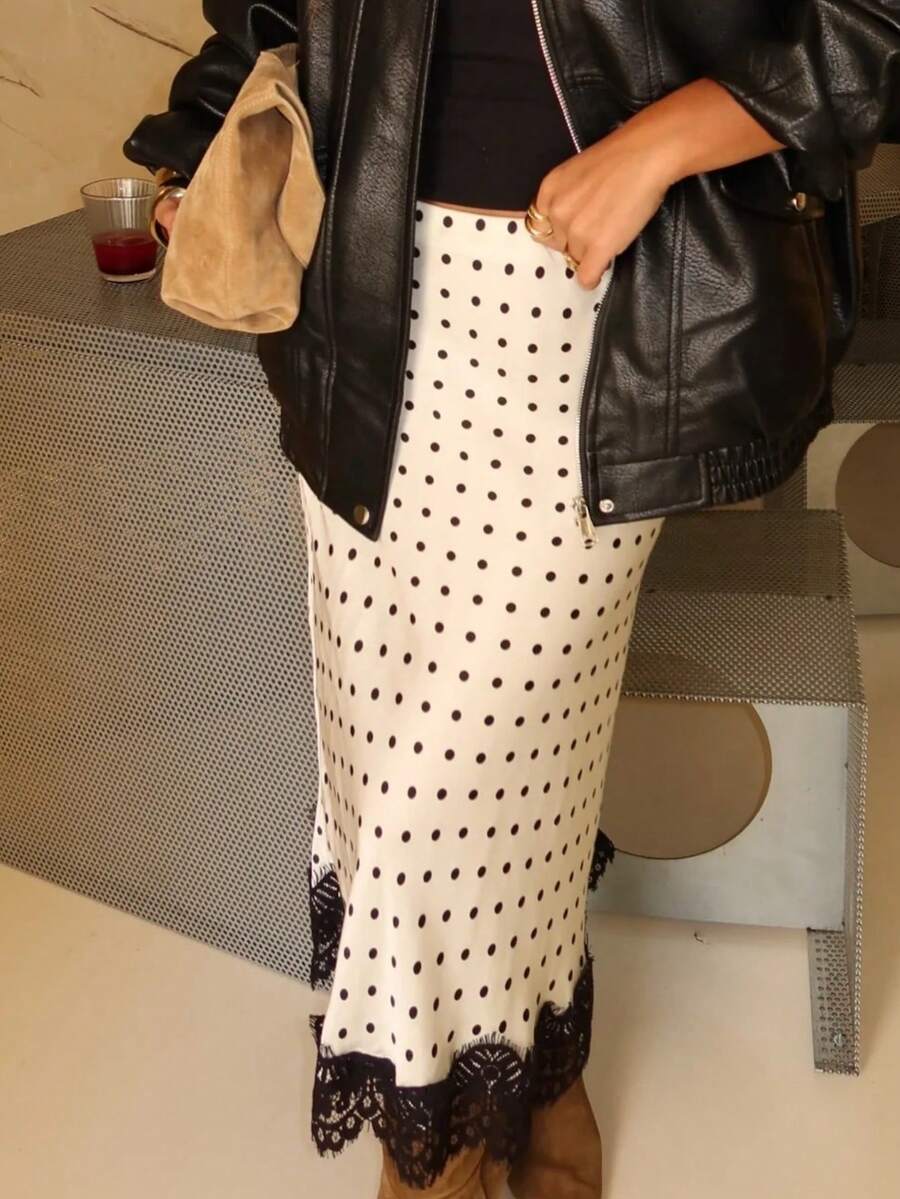 Women's Lace Trim Satin Silk Polka Dots Midi Skirt Y2K Elegant Flowy A Line Long Skirt Vintage Side Zipper Bodycon Pencil Maxi Skirts Going Out Beach Vacation Skirt Streetwear - trắng - Xem 1