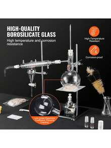 Essential Oil Distillation Kit 500ml Distillation Apparatus 3.3 Boro Lab Glassware Distillation Kit With Alcohol Lamp Ceramic Mesh And 24 40 Joint 28 Pcs Set - White - View 3