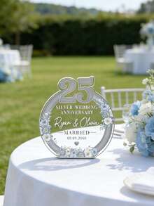 Personalized Custom Silver Wedding Anniversary Acrylic Plaque​ – 10.8cm/4.25in High, 10cm/3.94in Wide, 1cm/0.4in Thick Clear Acrylic Ornament Engraved With Couple Names (E.G., "Ryan & Olivia") And Wedding Date (E.G., "MARRIED 09.09.2000"). Features A Delicate Floral Wreath And Elegant "SILVER WEDDING ANNIVERSARY" Text. - Multicolor - View 3