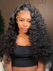 CEXXY 13x6 Deep Wave Lace Front Wig Made Of Human Hair, Pre-Plucked, Bleached Knots, 200% Density, Deep Curls, Natural Hair Color, Pre-Plucked, Pre-Cut, HD Lace Front Wig, Human Hair Wig For Women, Brazilian Human Hair, Deep Wave, Pre-Plucked Human Hair Wig, Lace Front Wig - Natural Black - 查看 2