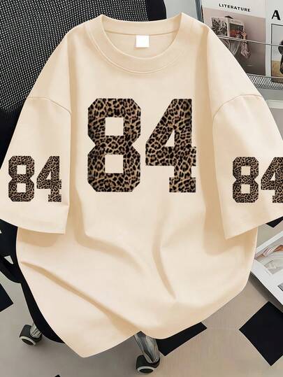 Plus Size Women's Casual Leopard And Number '84' Printed Round Neck Pattern T-Shirt, Suitable For Summer Holiday, Valentine's Day, Mother's Day Gift