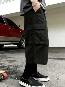 男士黑色工装七分裤，多口袋阔腿街头风下装 - 黑色 - 查看 3