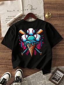 男童休闲棒球印花圆领短袖T恤，夏季学生青少年服装 - 黑色 - 查看 2