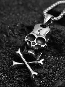 男士哥特朋克风骷髅头和交叉骨吊坠项链 - 銀色 - 查看 5