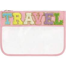 Chenille Letter Clear Zipper Pouch For Travel,Nylon Clear Cosmetic Bag,Makeup Travel Bag For Women Girls 11.8 Inches X 8.2 Inches - Pink - View 1