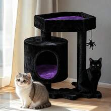 Cat Tree, Gothic Cat Tree With Coffin Bed, Cat House With Scratching Posts, Shelves For Kittens, Spider Toy, Black And Violet Small MMJ93Z - 黑紫色 - 查看 1
