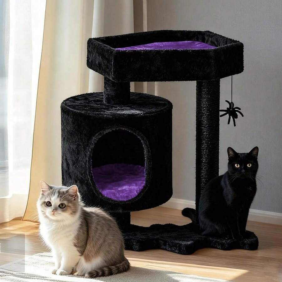 Cat Tree, Gothic Cat Tree With Coffin Bed, Cat House With Scratching Posts, Shelves For Kittens, Spider Toy, Black And Violet Small MMJ93Z - 黑紫色 - 查看 1