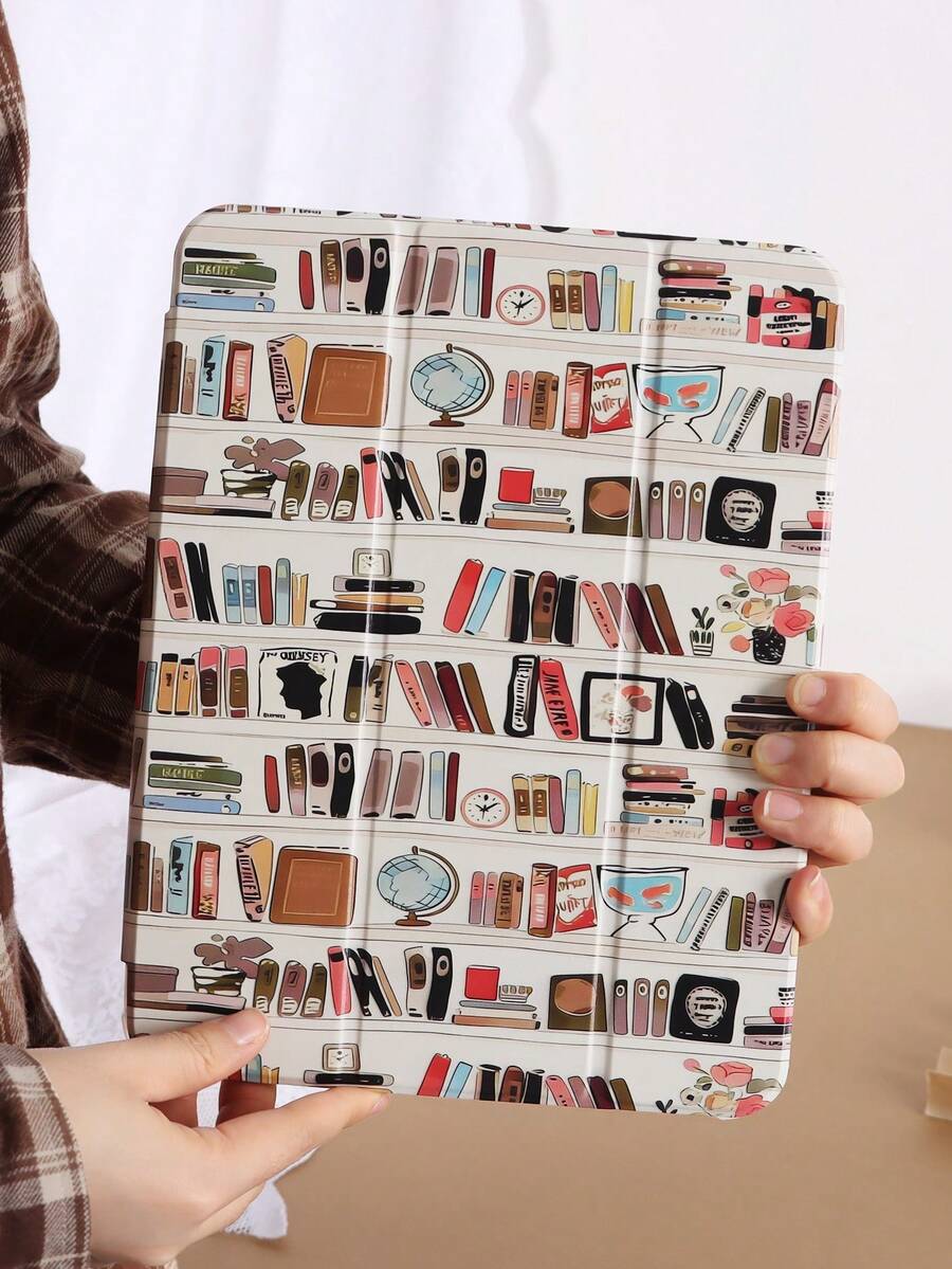 艺术书架插画手绘平板电脑保护套，适用于 10 代/11 代/10.2 英寸/10.5 英寸/Air4/Air5/10.9 英寸/Pro11/Air 11 英寸 (M2)-2024/Pro 11 英寸 (M4)-2024/Air 11 英寸 (M3) 2025/(A16) 11 英寸第 11 代 2025/Mini6/Mini7/Air1/Air2/9.7/Tab A8 10.5 英寸 2022，简约/创意/独特设计，内置笔槽，三折支架，磁吸式睡眠/唤醒功能。 - 彩色 - 查看 1