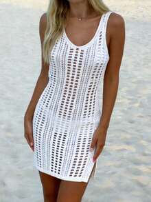 Starfish Shiny New Casual Vacation Dress: Minimalist Elegant Sleeveless Cardigan Knit Split Dress For Women - White - View 5