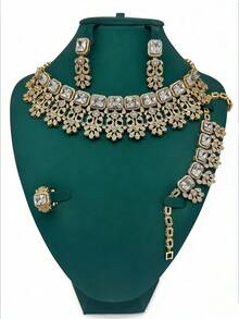 5pcs/Set Luxury European & American Style Exaggerated Ruby, Emerald, Copper Cubic Zirconia Necklace, Earrings, Open Ring, Bracelet Jewelry Set. Suitable For Banquet, Party, Bride, Wedding. Gift For Mother, Teacher, Girlfriend - Gold - View 1