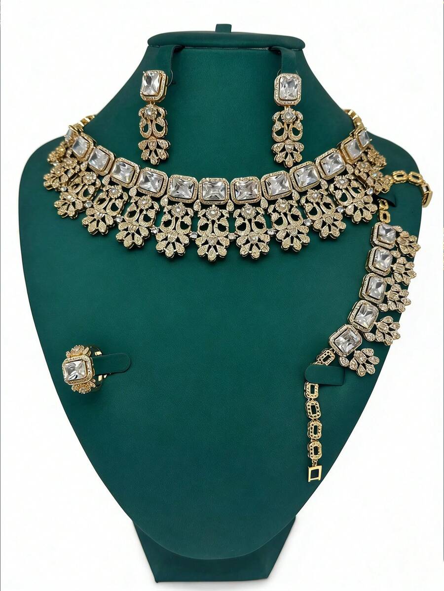 5pcs/Set Luxury European & American Style Exaggerated Ruby, Emerald, Copper Cubic Zirconia Necklace, Earrings, Open Ring, Bracelet Jewelry Set. Suitable For Banquet, Party, Bride, Wedding. Gift For Mother, Teacher, Girlfriend - Gold - View 1